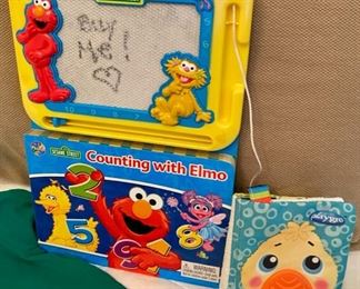 Lot 3258.  $32.00 Vintage children's clothing: 24 mos, Jean jacket w/ fleece collar and lining by 'First Impressions'; 'Joules T's' Bug T-shirt ; Counting with elmo and play cloth book		