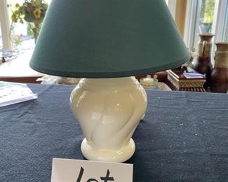 Lot 3270.  $20.00. Ceramic lamp with cream color base and green shade.  (13"H x 10"diameter)		