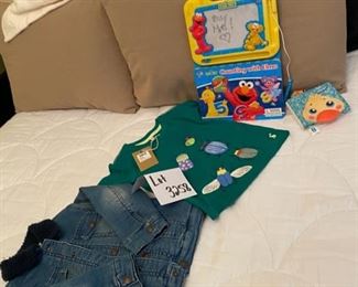 Lot 3258.  $32.00 Vintage children's clothing: 24 mos, Jean jacket w/ fleece collar and lining by 'First Impressions'; 'Joules T's' Bug T-shirt ; Counting with elmo and play cloth book		