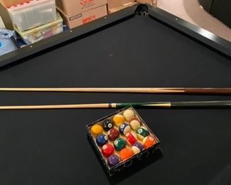 Lot 3271B. $70.00  1 set billiard balls  look brand new and 2 mismatched pool cues.		