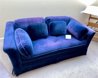 Lot 3276. $150.00 Navy Blue, velveteen, single seat cushion love seat.  This piece is slightly faded but would be great with a slipcover or Afghan.  Perfect for a small bedroom or living area.