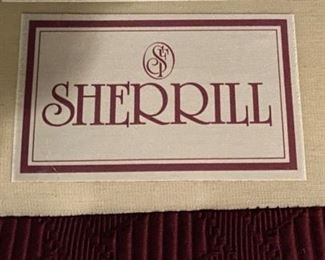 Lot 3287A  $400.00 Pair of Sherrill Upholstered Swivel Arm Chairs in Cranberry. View of Label.