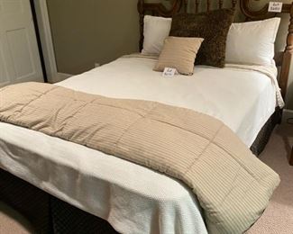 Lot 3279. $165.00  Bedding Only!  This is a lot similar to lot #3243. Queen bedding from the Khaki Collection by Calvin Klein.  Included are a reversible brown stripe/ brown faux velvet comforter, Ralph Lauren 100% cotton blanket, brown geometric bedskirt by Springs, there is a fitted and flat sheet but no pillowcases and 4 decorative pillows.