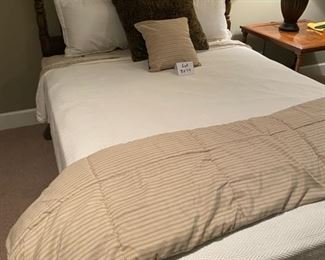 Lot 3279.  $165.00    Bedding Only!  This is a lot similar to lot #3243. Queen bedding from the Khaki Collection by Calvin Klein.  Included are a reversible brown stripe/ brown faux velvet comforter, Ralph Lauren 100% cotton blanket, brown geometric bedskirt by Springs, there is a fitted and flat sheet but no pillowcases and 4 decorative pillows.