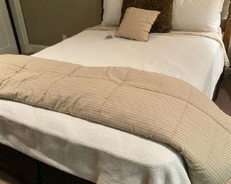 Lot 3280. $225.00  Full/Queen Williams wooden headboard (61"W x 55"H) with metal frame. Queen mattress by AM Sleep. Pillow-top "Allegiance" and box-spring.	 Bed Sold but not bedding in Lot 3279