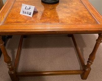 Lot 3282. $165.00 Beautiful Hekman wood side table with burled inlaid top.  30"W x 30" D x 25" tall