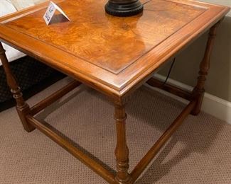 Lot 3282. $165.00 Beautiful Hekman wood side table with burled inlaid top.  30"W x 30" D x 25" tall