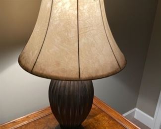 Lot 3283. $50.00  Imported lamp with bronze base and creamy taupe shade. 18"Diameter x 30"H