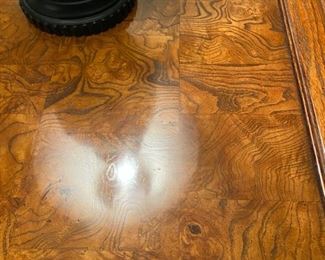 Lot 3282. $165.00 Beautiful Hekman wood side table with burled inlaid top.  30"W x 30" D x 25" tall 