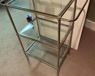 Lot 3289. $95.00 Tempered Glass and Chrome 3-shelf stand with towel bars on either side.  Heavy Duty and perfect for Bathroom, Bar, Laundry Room or really anywhere.	23"W x 12.5" D x 28"H