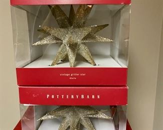 Lot 3295.  $48.00  for all 3 boxed glitter stars from Pottery Barn.  These German made stars are dusted with crushed, silvered glass for a true old world look. Sizes are: 12" x 13"; 8" x 7.5"; and 8" x 7.5".		 