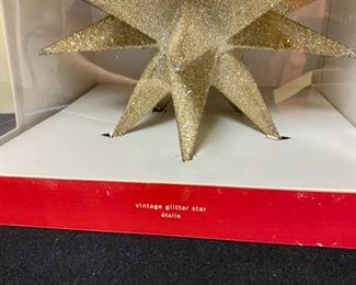Lot 3295.  $48.00  for all 3 boxed glitter stars from Pottery Barn.  These German made stars are dusted with crushed, silvered glass for a true old world look. Sizes are: 12" x 13"; 8" x 7.5"; and 8" x 7.5".		 