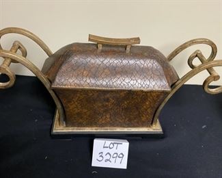 Lot 3299.  $75.00 Covered box with double scroll handles. Beautiful and very heavy. 26"W x 11'H x 7"D.		