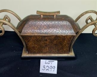 Lot 3299.  $75.00 Covered box with double scroll handles. Beautiful and very heavy. 26"W x 11'H x 7"D.		