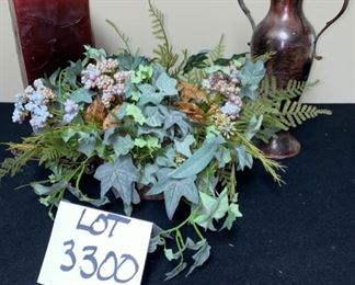 Lot 3300.  $25.00 Cute decor. rectangular, red candle tower "cracked marble" :  India- 2 handle 10" urn, metal, neat color; floral greenery from O'Briens florist.