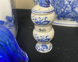 Lot 3318.  $48.00  A Blue & White Bonanza!!!  Includes 6 groupings:  13' x 8.5" x 3.5", Formalities Urn;  Perfume bottle with stopper cobalt blue, bell shape "Collegian Galss Line" Italy; Salt Shaker from Japan; Ginger Jar 8" tall; Candle 3" "Bombay"; Clear Glass & Blue Swirl vase 8" tall; Small bluie pitcher 4" x 5.75"		