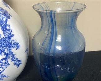 Lot 3318.  $48.00  A Blue & White Bonanza!!!  Includes 6 groupings:  13' x 8.5" x 3.5", Formalities Urn;  Perfume bottle with stopper cobalt blue, bell shape "Collegian Galss Line" Italy; Salt Shaker from Japan; Ginger Jar 8" tall; Candle 3" "Bombay"; Clear Glass & Blue Swirl vase 8" tall; Small bluie pitcher 4" x 5.75"		