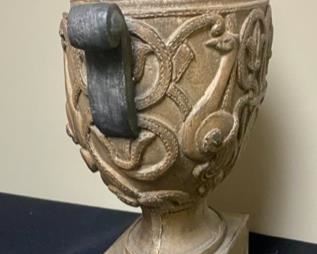 Lot 3328 $75.00  Extremely Heavy Metal Urn w/2 Handles Very Substantial Decor piece.		