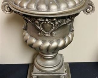 Lot 3335  $55.00	Covered Urn Gray & Charcoal from O'Brien the Florist  19" H x 7 1/2" Sq. Base x 9 " Diameter.		