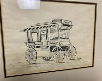 Lot 3336. $40.00   Pen & Ink Drawing of Popcorn Cart "Jimbo's by C. Barry 1978		