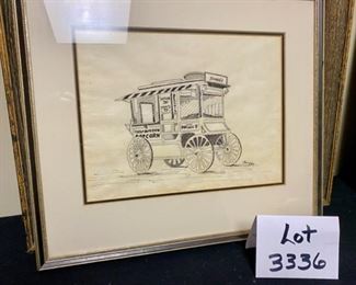 Lot 3336. $40.00   Pen & Ink Drawing of Popcorn Cart "Jimbo's by C. Barry 1978		