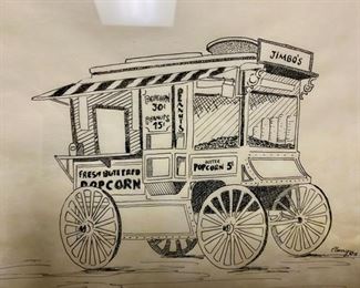 Lot 3336. $40.00   Pen & Ink Drawing of Popcorn Cart "Jimbo's by C. Barry 1978		