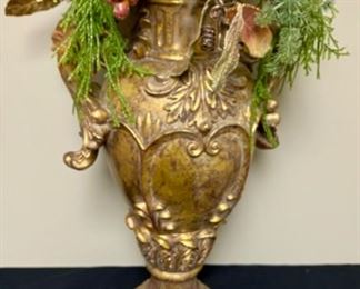 Lot 3340  $48.00	Tall Gold Resin Urn w/Grapes & Fall Greenery.	Very interesting decor piece	