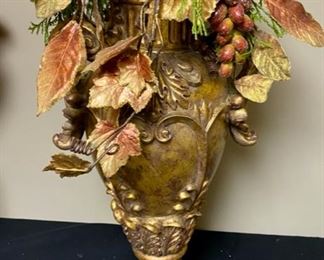 Lot 3340  $48.00	Tall Gold Resin Urn w/Grapes & Fall Greenery.	Very interesting decor piece	