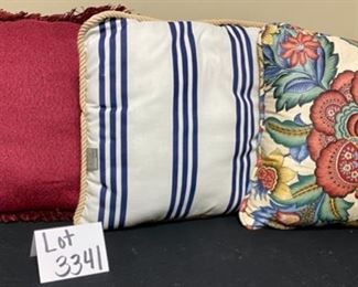 Lot 3341  $24.00  3 vintage, but very clean throw pillows. Maroon w/fringe, cream and maroon floral and striped. 16" x 16"