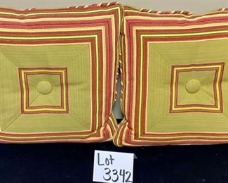 Lot 3342  $30.00  Pair of Custom Pillows, really nice, celadon, butter, muted coral with square and button detail. Look Custom, have inserts.  16" x 16"	