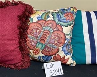 Lot 3341  $24.00  3 vintage, but very clean throw pillows. Maroon w/fringe, cream and maroon floral and striped. 16" x 16"