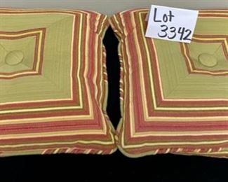 Lot 3342  $30.00  Pair of Custom Pillows, really nice, celadon, butter, muted coral with square and button detail. Look Custom, have inserts.  16" x 16"	