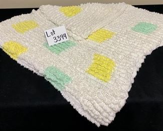 Lot 3344  $20.00   Very cute  hand crocheted baby blanket, white, green and yellow, Fun ruffled detail/ CLEAN and NICE!	68"L x 38"W	
