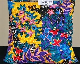 Lot 3343  $14.00  Very Colorful Pillow with cats, similar to Laurel Bush fabric? 	18"x18"	
