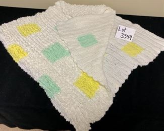 Lot 3344  $20.00   Very cute  hand crocheted baby blanket, white, green and yellow, Fun ruffled detail/ CLEAN and NICE!	68"L x 38"W	