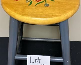 Lot 3346  $20.00  Nice Stool with Stenciled Seat (could be used as a side table too) 24"tall  (15"W x 15"D at base), Seat is 12" diameter 