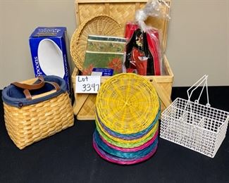 Lot 3347  $40.00  Picnic Basket Ensemble: Utensil Organizer, 13 paper plate holders, plastic spoons, Renaissance Basket with insert, Picnic basket (great shape) and Christmas paper table cover. "Picnic: 16.5"L x 10"W x 9.5"H; small: 8.5"H x 9.5"W x 6"D	