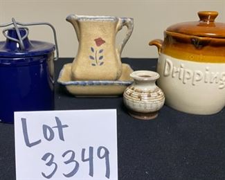 Lot 3349. $40.00.  Cobalt Wire Locking Crock, small bud vase/ink well, dripping crock in porcelain (by Lillian Vernon), and small pitcher with matching base.  Dripping crock is 6.5" tall. 