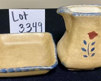 Lot 3349. $40.00.  Cobalt Wire Locking Crock, small bud vase/ink well, dripping crock in porcelain (by Lillian Vernon), and small pitcher with matching base.  Dripping crock is 6.5" tall. 