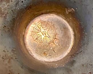 Lot 3350.  $38.00.  Vintage Brass Lot. The star of the show is this brass footed trinket box with swan finial from Andrea by Sadek (7.5 x 7.5 x 5.5"h) also includes a brass candlestick (12"h), brass chamber candle holder (4"), brass pot by Hosley, and a double-handled challis with "W" and 211 on the bottom.		