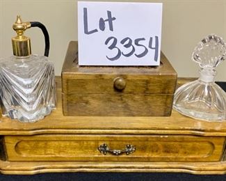 Lot 3354A: $30.00. Vintage Dresser top Jewelry Box w/drawer and ring storage. Plus 2 crystal perfume bottles 		