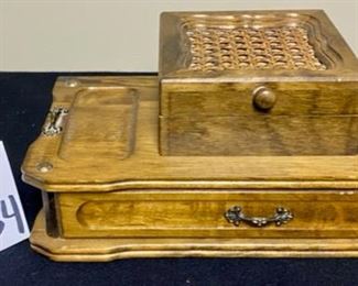 Lot 3354A: $30.00. Vintage Dresser top Jewelry Box w/drawer and ring storage. Plus 2 crystal perfume bottles 		