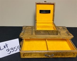 Lot 3354A: $30.00. Vintage Dresser top Jewelry Box w/drawer and ring storage. Plus 2 crystal perfume bottles 		