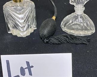 Lot 3354A: $30.00. Vintage Dresser top Jewelry Box w/drawer and ring storage. Plus 2 crystal perfume bottles 		