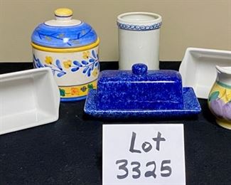 Lot 3325. $25.00  6 pc Ceramic ware made in the USA by Ada.  includes; Cobalt butter dish; "Caleca" creamer made in Italy; 2 mini loaf pans, small utensil jar, covered jar.		