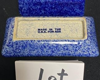 Lot 3325. $25.00  6 pc Ceramic ware made in the USA by Ada.  includes; Cobalt butter dish; "Caleca" creamer made in Italy; 2 mini loaf pans, small utensil jar, covered jar.		