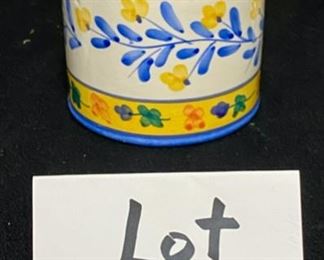 Lot 3325. $25.00  6 pc Ceramic ware made in the USA by Ada.  includes; Cobalt butter dish; "Caleca" creamer made in Italy; 2 mini loaf pans, small utensil jar, covered jar.		