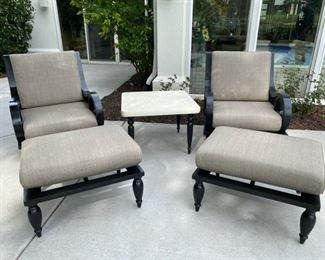 Lot 3152. $875.00. Smith & Hawken 5 pc Set two swivel chairs, with cushions, two ottomans, with cushions, and a square side table.  The owner paid $2570. They are in perfect condition!