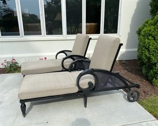 Lot 3151.  $750.00.  Two Chaise Lounge Chairs w/Gray premium cushions by Smith & Hawken.  Marvelous condition.  The owner paid $1800.00.  Both Cushions displayed.  These chaise loungers will last forever!