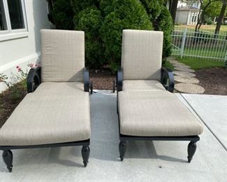 Lot 3151.  $750.00.  Two Chaise Lounge Chairs w/Gray premium cushions by Smith & Hawken.  Marvelous condition.  The owner paid $1800.00.  Both Cushions displayed.  These chaise loungers will last forever!